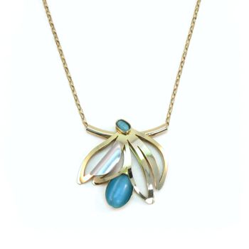 POLY Shiny Gold and Bright Blue Floral Necklace - 22"